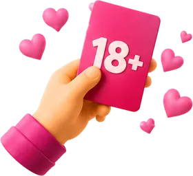 Hand met een roze 18+-kaart en hartjes