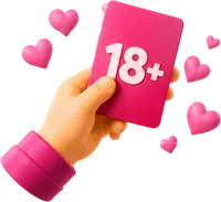 Hand met een roze 18+-kaart en hartjes